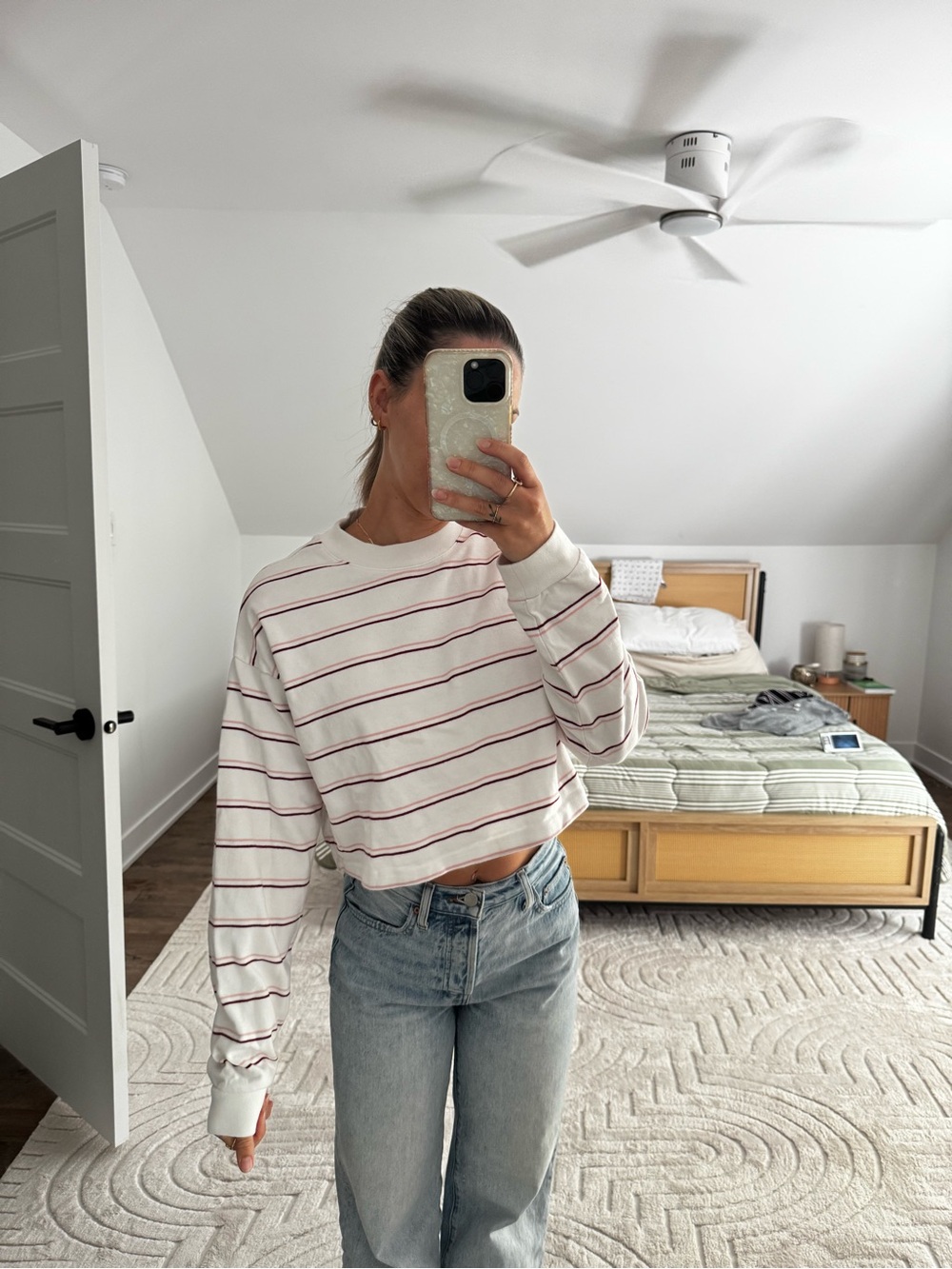 Twik Simons Cropped White Long-Sleeve Striped Sweater